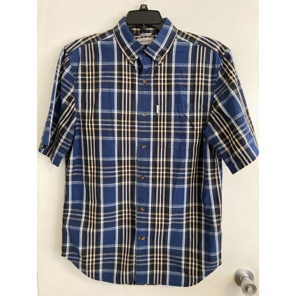 Carhartt Shirt Men's Largre Blue Plaid Short Sleeve Button Down Collared 585